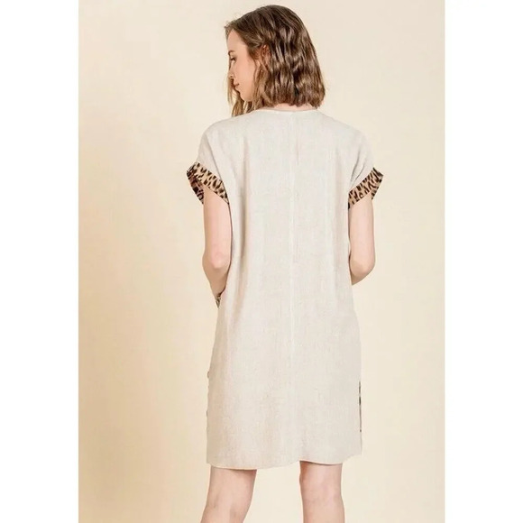 Umgee Animal Print Trim/Pockets Linen Blend Size Small Mini Shift Dress Women’s - Picture 2 of 9